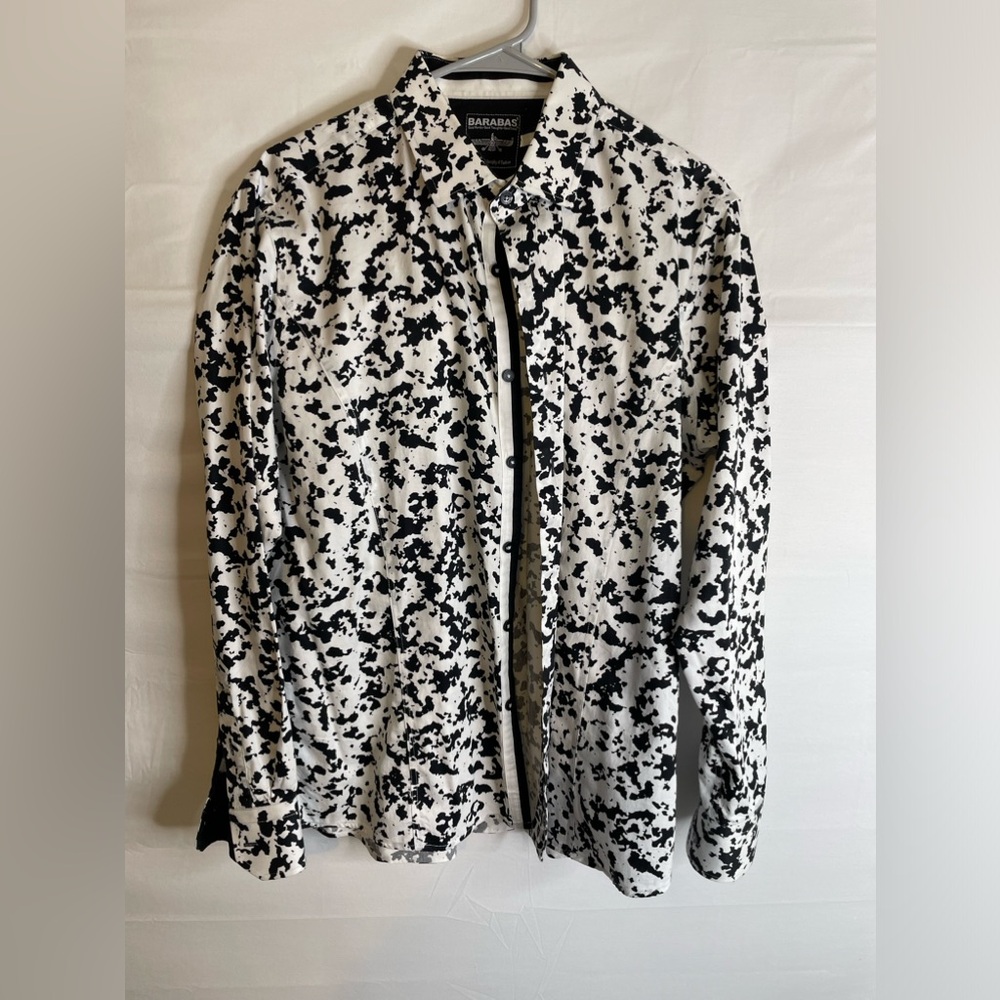 Barabas Womens Button Up Shirt Splatter Print Contrast Cuffs Size Large 1929
